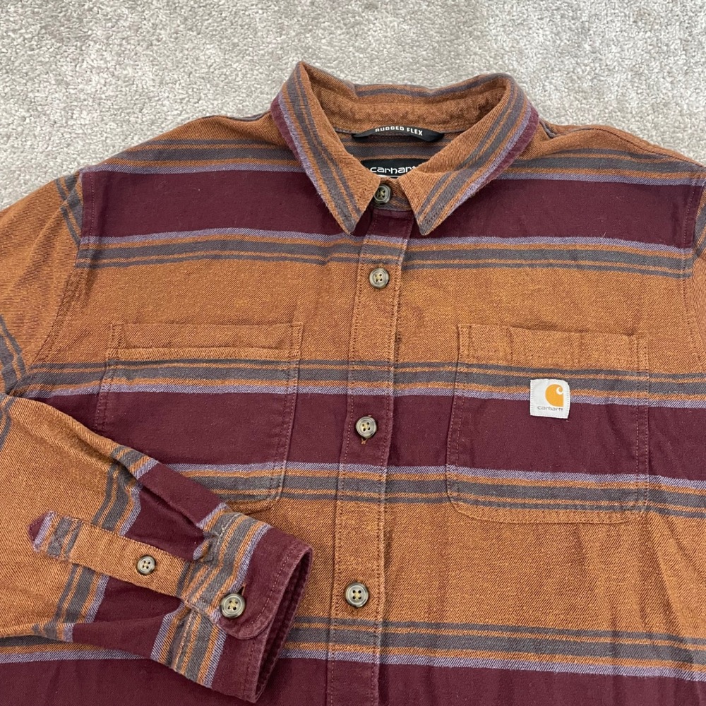 Carhartt Flannel Shirt Womens XL Rugged Flex Loose Fit Brown Striped Button Down